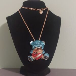 Betsey Johnson Gold Toned Blue Rhinestone Teddy Bear Red Heart Pendant Necklace